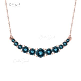Natural London Blue Topaz Curved Bar Pendant in 14k Solid Gold Hallmarked Jewelry