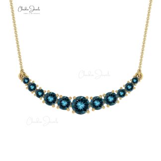 Natural London Blue Topaz Curved Bar Pendant in 14k Solid Gold Hallmarked Jewelry