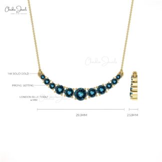 Natural London Blue Topaz Curved Bar Pendant in 14k Solid Gold Hallmarked Jewelry