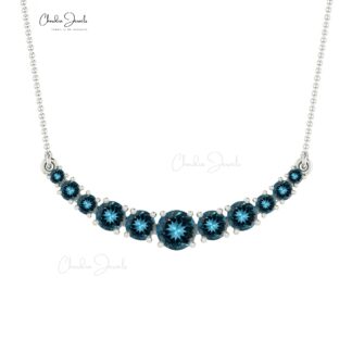 Natural London Blue Topaz Curved Bar Pendant in 14k Solid Gold Hallmarked Jewelry