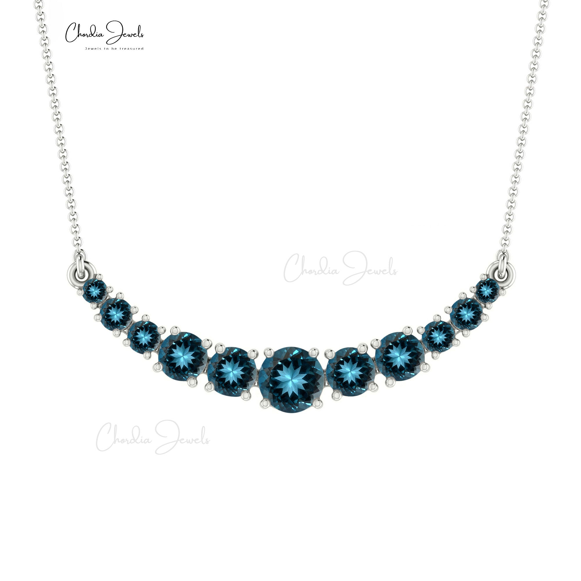Natural London Blue Topaz Curved Bar Pendant in 14k Solid Gold Hallmarked Jewelry