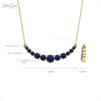 Solid 14k Gold Round Blue Sapphire Statement Necklace For Women