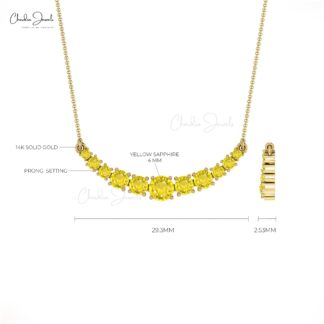 Brilliant Cut Statement Chain Necklace With 4mm Yellow Sapphire 14k Real Gold Necklaces