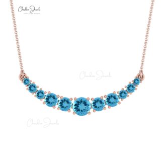 Natural Swiss Blue Topaz Necklace, 14k Solid Gold Round Gemstone Necklace, 1.10 Carat December Birthstone Handmade Necklace Gift for Wife