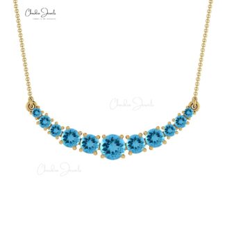 Natural Swiss Blue Topaz Necklace, 14k Solid Gold Round Gemstone Necklace, 1.10 Carat December Birthstone Handmade Necklace Gift for Wife