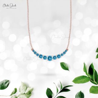 Natural Swiss Blue Topaz Necklace, 14k Solid Gold Round Gemstone Necklace, 1.10 Carat December Birthstone Handmade Necklace Gift for Wife