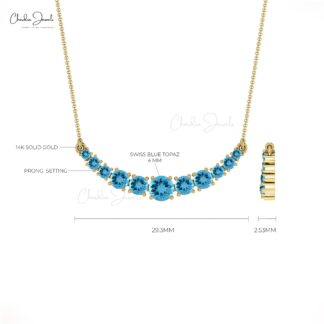Natural Swiss Blue Topaz Necklace, 14k Solid Gold Round Gemstone Necklace, 1.10 Carat December Birthstone Handmade Necklace Gift for Wife