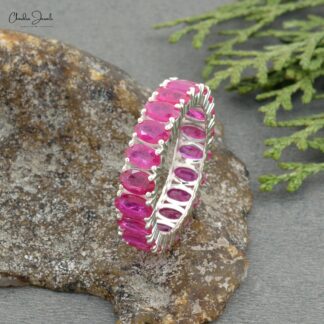 Full Eternity Band In 14k Real White Gold Burma Ruby 5x3mm Oval Cut Wedding Ring