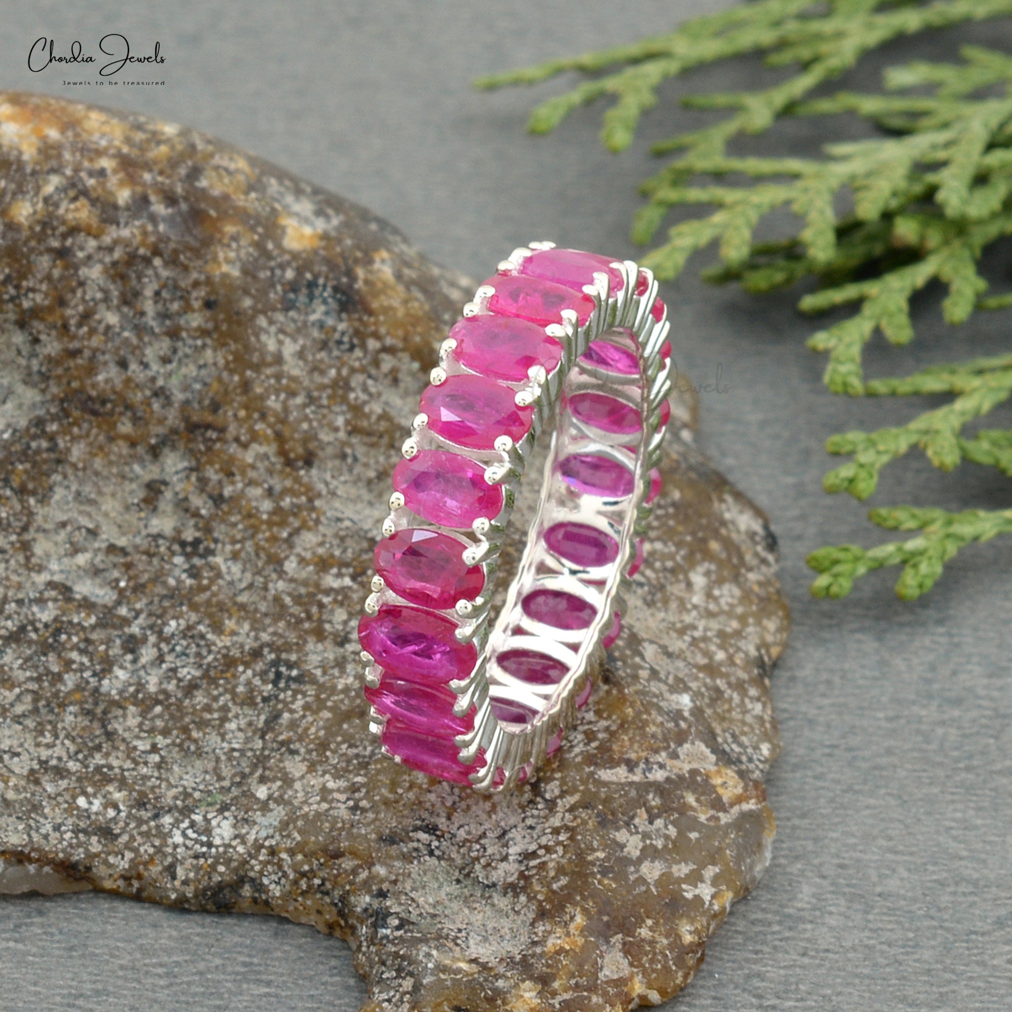 Full Eternity Band In 14k Real White Gold Burma Ruby 5x3mm Oval Cut Wedding Ring