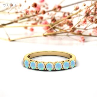 Natural Opal Gemstone Half Eternity Ring in Solid 14K Gold