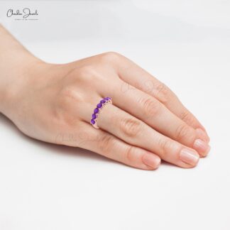 Genuine Amethyst Gemstone 7 Stone Ring Solid 14k Gold 3mm February Birthstone Proposal Ring