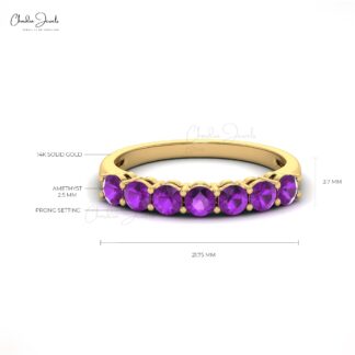 Genuine Amethyst Gemstone 7 Stone Ring Solid 14k Gold 3mm February Birthstone Proposal Ring