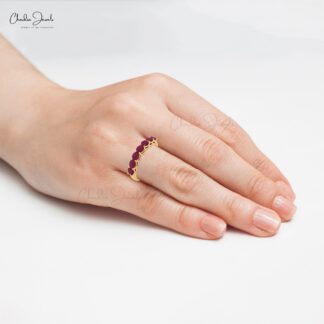 Seven Stone Wedding Band In 14k Solid Gold Burma Ruby 3mm Round Cut Half Eternity Ring