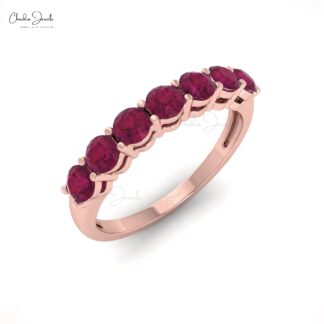 Seven Stone Wedding Band In 14k Solid Gold Burma Ruby 3mm Round Cut Half Eternity Ring