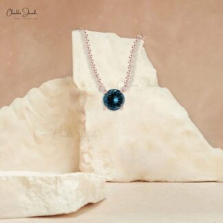 Solitaire Necklace With Natural 0.5ct London Blue Topaz 14k Real Gold Diamond Studded Simple Necklace