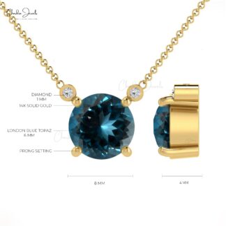 Solitaire Necklace With Natural 0.5ct London Blue Topaz 14k Real Gold Diamond Studded Simple Necklace