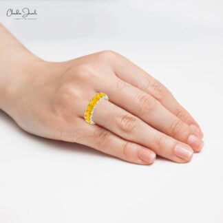Half Eternity Women Band In 14k Real Gold Yellow Citrine 3.08 Ct Gemstone Ring