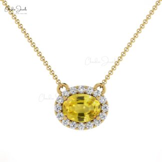 7x5mm Oval Faceted Gemstone Necklace, 14k Solid Gold Diamond Necklace, Natural Yellow Sapphire Necklace, Bridesmaid Necklace, Handmade Necklace, Gift for Her