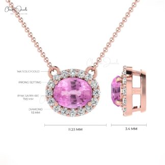 Natural Pink Sapphire Necklace, 14k Solid Gold Diamond Necklace, 0.75 Carats Oval Faceted Gemstone Necklace Women’s Jewelry, Gift for Her