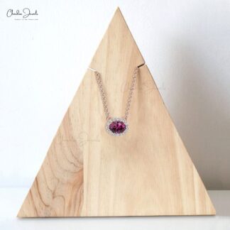 Natural Rhodolite Garnet and Diamond Necklace, 14k Solid Gold Halo Necklace, 7x5mm Oval Faceted Gemstone Prong Set Necklace, Wedding Gift for Her
