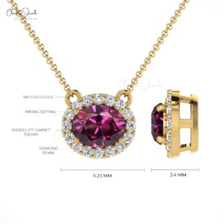 Natural Rhodolite Garnet and Diamond Necklace, 14k Solid Gold Halo Necklace, 7x5mm Oval Faceted Gemstone Prong Set Necklace, Wedding Gift for Her