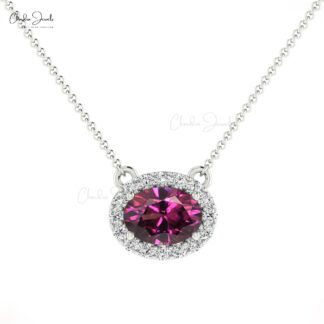 Natural Rhodolite Garnet and Diamond Necklace, 14k Solid Gold Halo Necklace, 7x5mm Oval Faceted Gemstone Prong Set Necklace, Wedding Gift for Her
