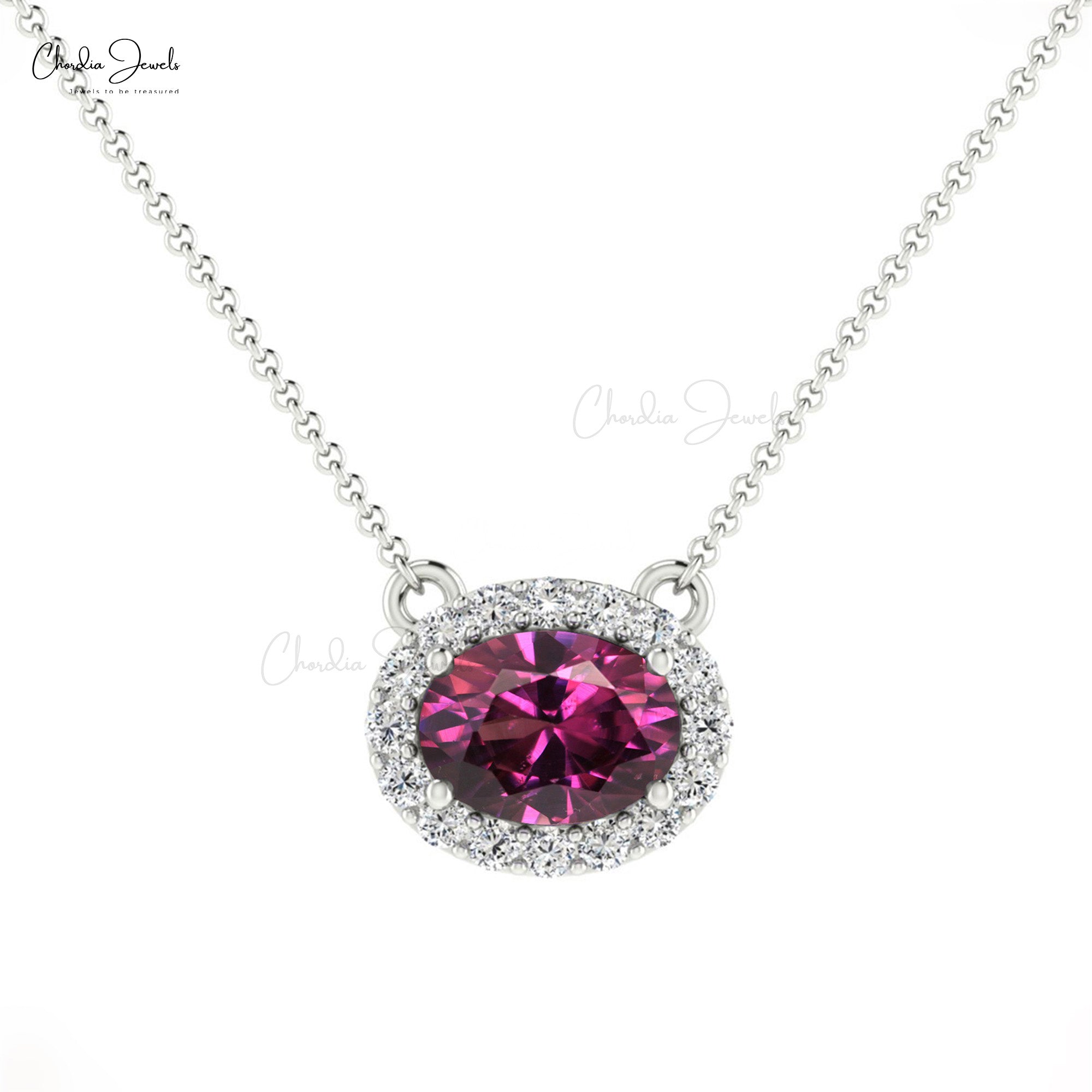 Natural Rhodolite Garnet and Diamond Necklace, 14k Solid Gold Halo Necklace, 7x5mm Oval Faceted Gemstone Prong Set Necklace, Wedding Gift for Her