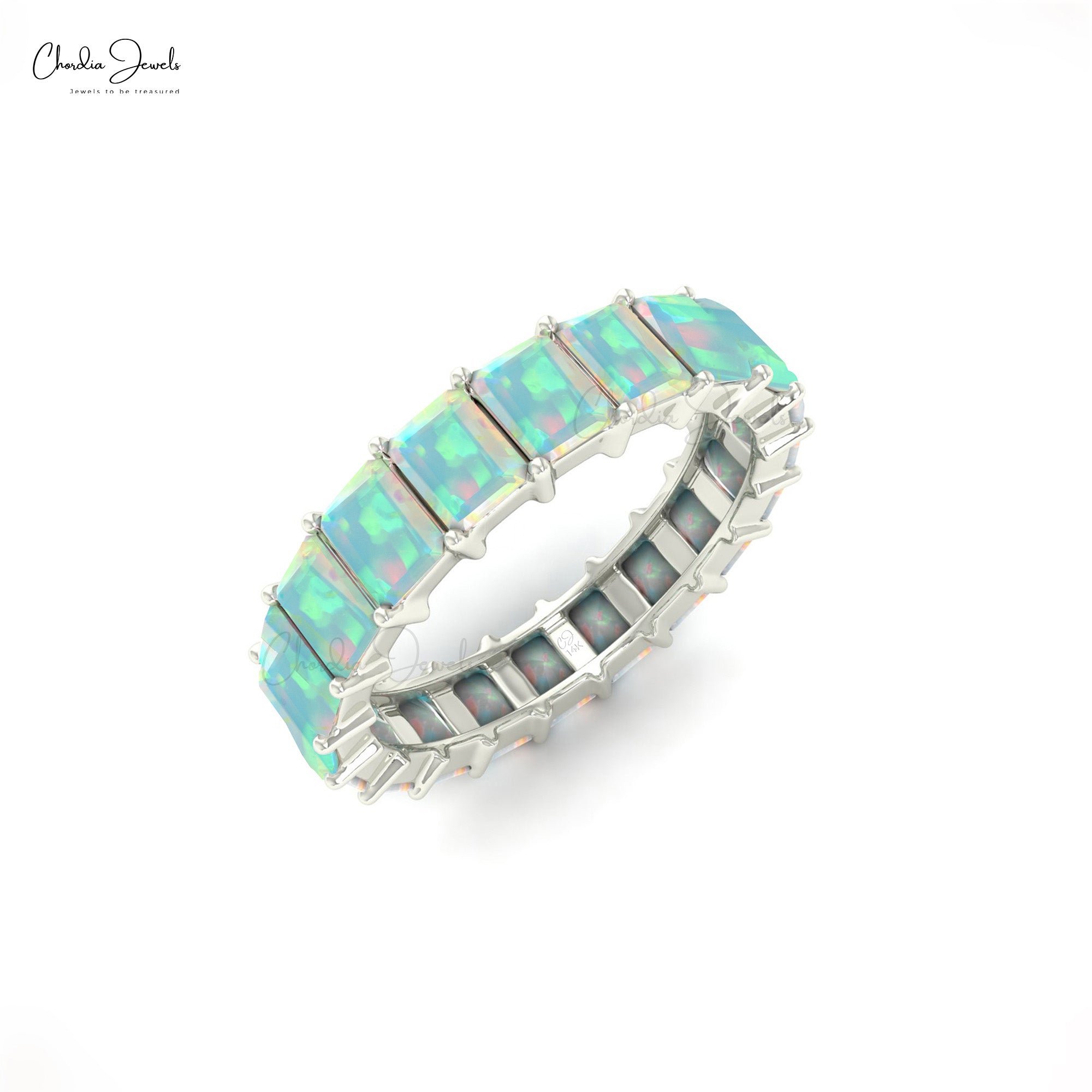 Pure 14k Gold Eternity Ring With 4x3mm Fire Opal Stackable Engagement Band Rings