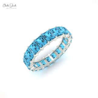 Octagon Cut Eternity Ring With 4x3mm Swiss Blue Topaz Wedding Band In 14k Real Gold