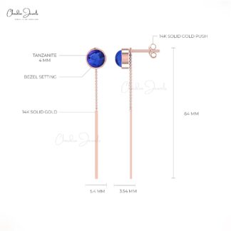 Threader Chain Earrings With 4mm Tanzanite Cabochon Bezel Set in 14k Real Gold Earring