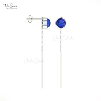 Threader Chain Earrings With 4mm Tanzanite Cabochon Bezel Set in 14k Real Gold Earring