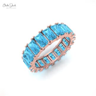 Solid 14k Gold Stackable Band With 7.20 Ct Swiss Blue Topaz Eternity Wedding Ring