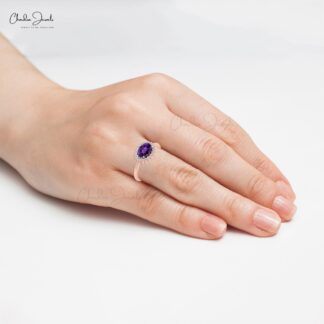 Oval Engagement Ring in 14k Solid Gold Amethyst 0.72 Ct Gemstone And Diamond Halo Ring