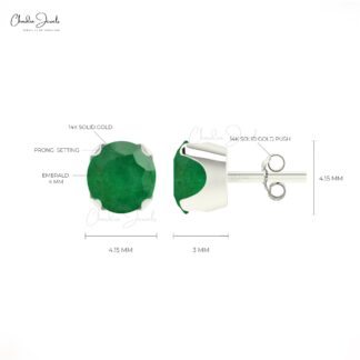 Authentic Emerald Gemstone Solitaire Stud Earrings In 14k Solid Gold