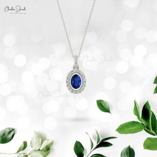AAA Blue Sapphire 7x5mm Gemstone And Diamond Halo Pendant In 14k Gold Fine Jewelry