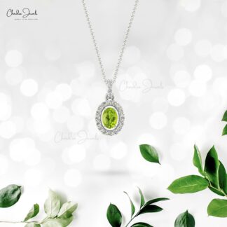 Real 14k Gold Halo Pendant With 0.75 Ct Peridot Diamond Dangle Women Pendant