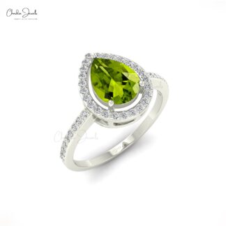 AAA Peridot Halo Wedding Ring With 8x6mm Gemstone And Diamond 14k Gold Fine Jewelry