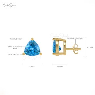 Genuine Swiss Blue Topaz Stud Earrings 14k Solid Gold 4mm Trillon Gemstone Earrings