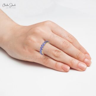 Stackable Eternity Ring With 5x3mm Tanzanite Prong Set In 14k Yellow Gold Bridal Band Ring