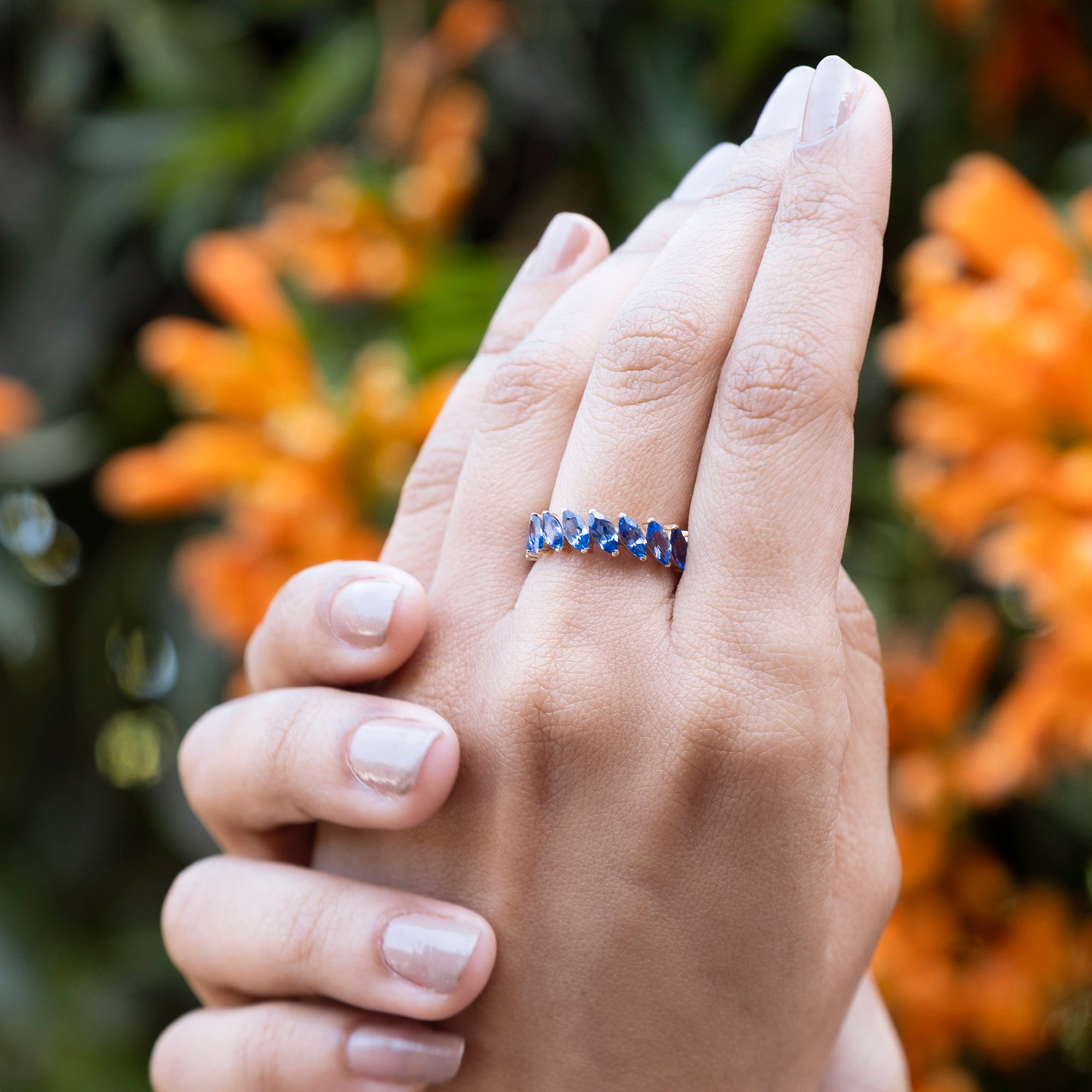 Marquise Full Eternity Band With 4.2 Ct Tanzanite Prong Set In 14k Yellow Gold Stack Ring