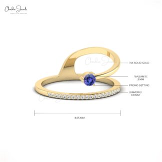 Dainty Stackable Ring With Genuine Tanzanite 14K Solid Gold Diamond Accents Curved Ring