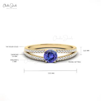 Split Shank Ring With Tanzanite & Diamond Accents 14k Solid Gold Prong Set Light Weight Ring