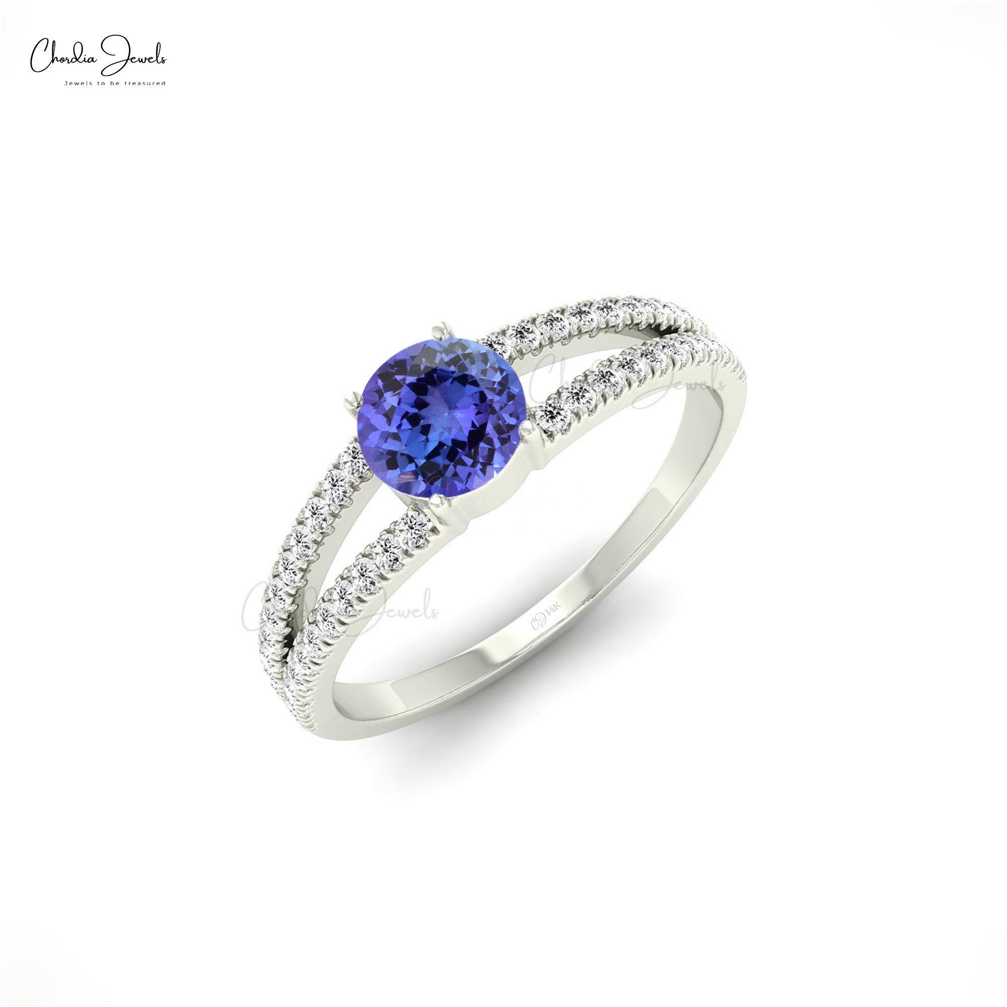 Split Shank Ring With Tanzanite & Diamond Accents 14k Solid Gold Prong Set Light Weight Ring
