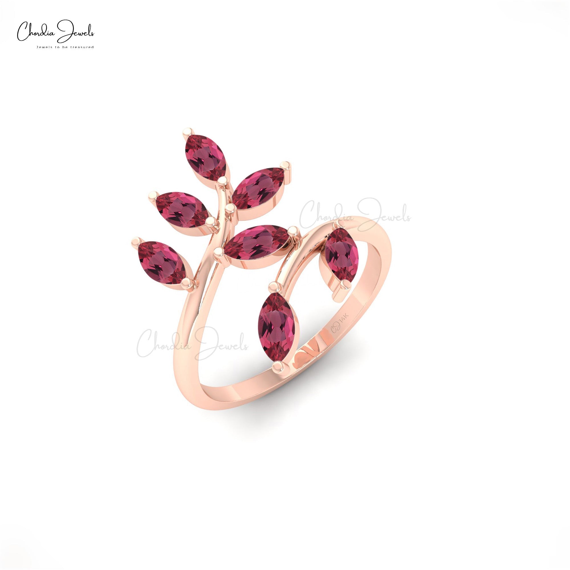 Seven Stone Olive Leaf Ring In 14k Solid Gold Pink Tourmalne 5×2.5mm Gemstone Rings