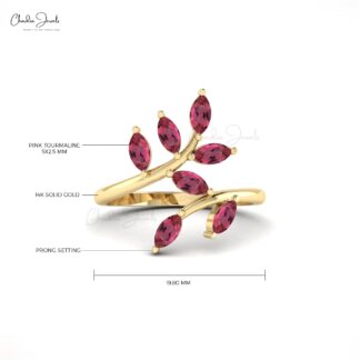 Seven Stone Olive Leaf Ring In 14k Solid Gold Pink Tourmalne 5×2.5mm Gemstone Rings