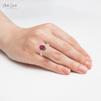 Oval Shaped Solitaire Pink Tourmaline Diamond Half Halo Engagement Ring