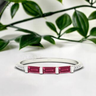 Trilogy Engagement Ring With 4x2mm Pink Tourmaline And Diamond Rings In 14k Real Gold