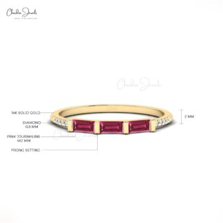 Trilogy Engagement Ring With 4x2mm Pink Tourmaline And Diamond Rings In 14k Real Gold