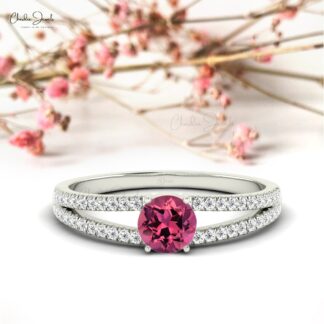 Twink Shank Wedding Ring With 5mm Pink Tourmaline And Diamond Accents In 14k Gold Ring