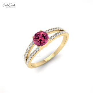 Twink Shank Wedding Ring With 5mm Pink Tourmaline And Diamond Accents In 14k Gold Ring